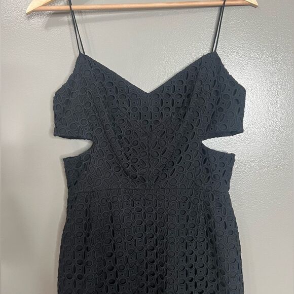 Midi Eyelet cutout perforated sheath black cocktail dress Nicholas LBD party - Picture 15 of 16